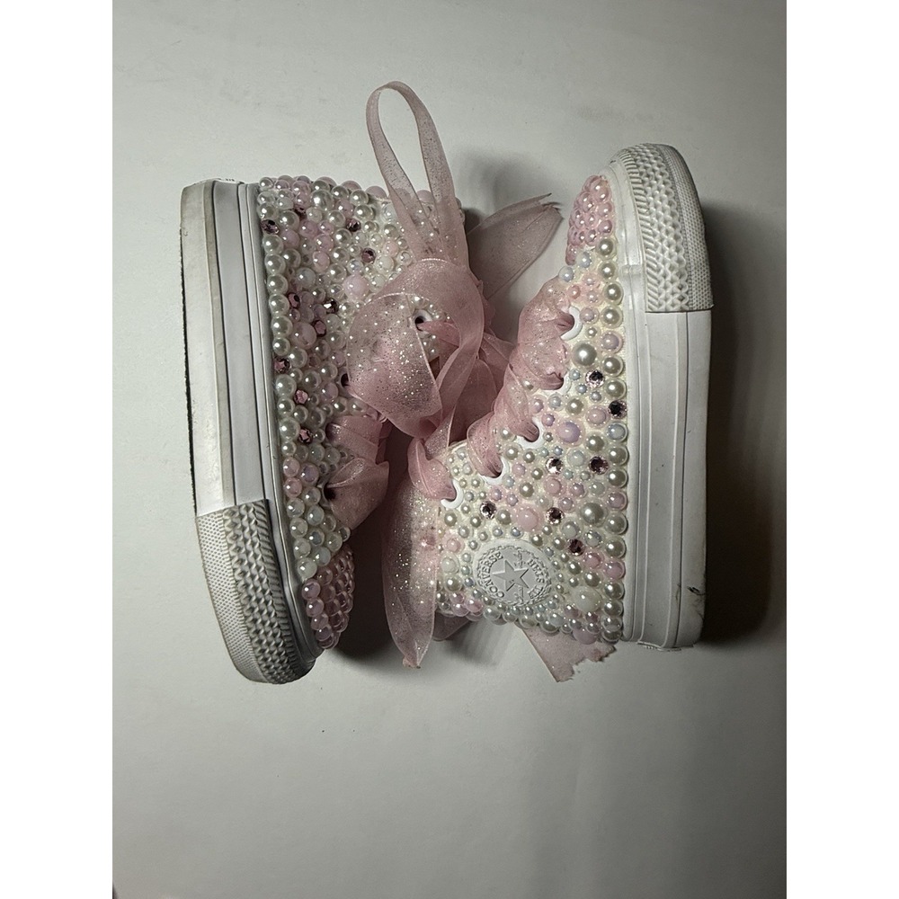 Custom Baby Pink Hand Bedazzled Rhinestones Bling Converse Satin Laces Size 4